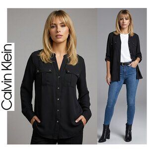 CALVIN KLEIN - Black button down roll tab sleeve shirt